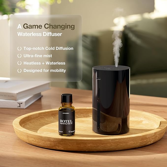 Waterless Essential Oil Diffuser Starter Kit with 2 x 30mL Hotel Scent Fragrance Oil, Battery Operated Scent Air Machine Cordless Portable Diffuser for Home Car, ANZ Black 2PCs Kit