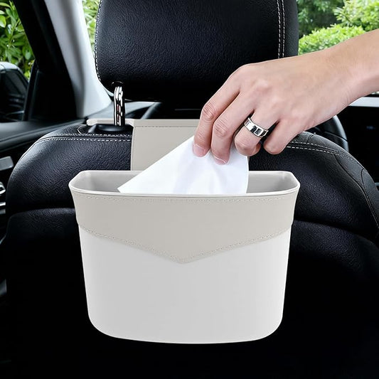 Car Trash Can for Seat Headrest, Mini Automotive Front Back Seat Garbage Can, Leakproof Vehicle Hanging Trash Cans, Multi-Purpose Auto Garbage Bin & Storage Organizer, Car Accessories (White)