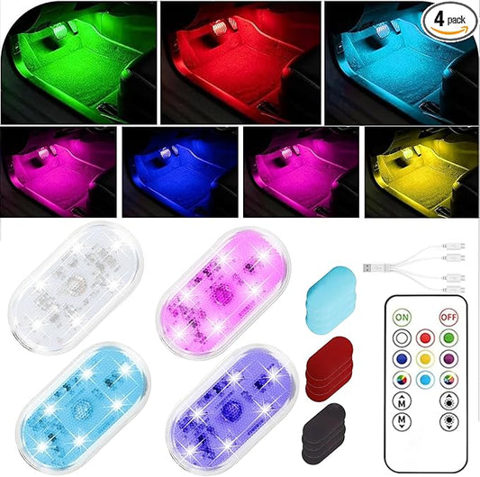 4Pcs LED Interior Car Lights with Remote,7 Colors Sync to Music Ambient Lighting Car Interior with 6 Bright LED Lamp Beads,Portable USB Rechargeable Car Interior Led Night Light for Car Decoration