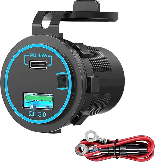 45W PD & 18W QC3.0 USB Laptop Car Charger Power Socket, Marine Type-C/USB C Port Fast Charging Adapter, 12V USB Power Outlet with ON/Off Switch Button Waterproof Cover for Boat RV Truck Golf (Blue)