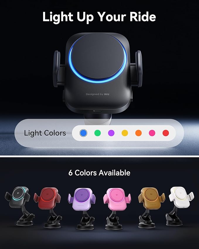 INIU Qi2 Certified 15W Car Phone Holder Wireless Charger, Ultra-Stable 22N for MagSafe Car Mount Charger with Cooling Fins & RGB Lighting Only for iPhone 16/15/14/13/12 Series, White
