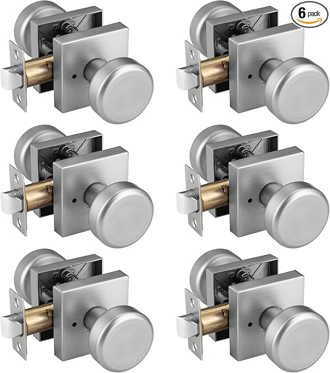 6 Pack Brushed Nickel Door Knobs with Square Rosette, Interior Door Handles for Bath & Bed, Heavy Duty Door Knob with Lock