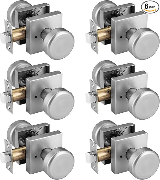 6 Pack Brushed Nickel Door Knobs with Square Rosette, Interior Door Handles for Bath & Bed, Heavy Duty Door Knob with Lock