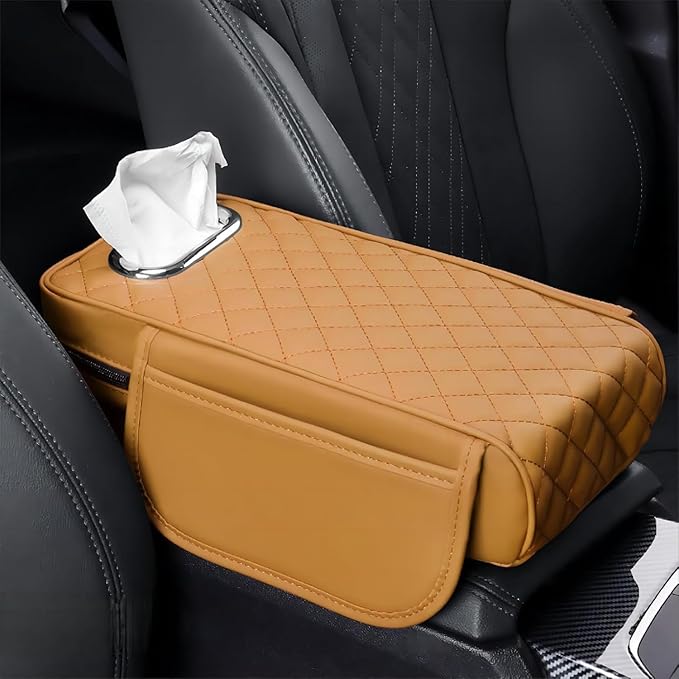 Car Center Console Cover for Infiniti FX SUV FX35 / FX37 / FX40 / FX45 /FX50, Leather Car Arm Rest Cover, Car Armrest Cushion with 2 Storage Bags Car Center Console Armrest Pad, G Yellow