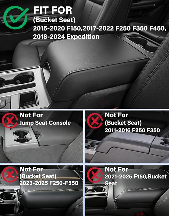 Center Console Armrest Cover for 2015-2020 F150 Accessories, F250 F350 F450 2017-2022, Expedition 2018-2024, Vinyl Leather Middle Console Cover Armrest Protector, Anti-Scratch, Black