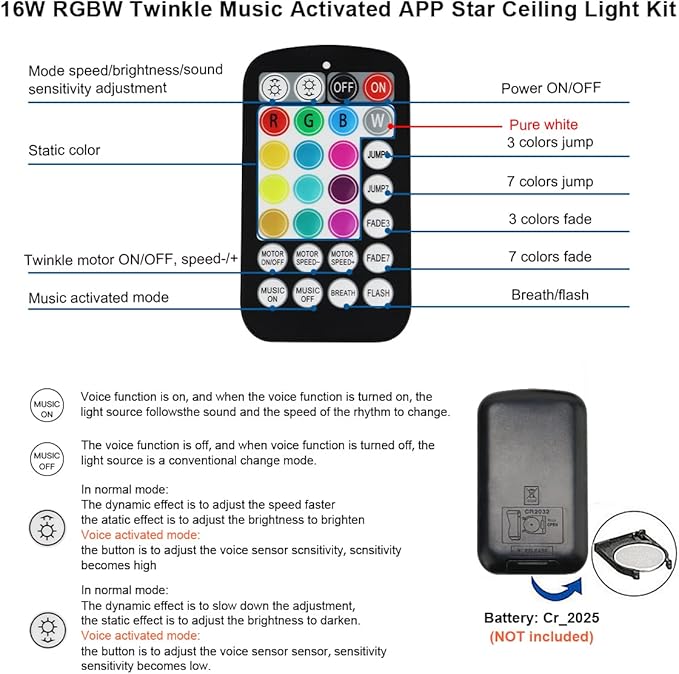AKEPO Small Size 16W Twinkle RGBW APP Fiber Optic Lights, Music Activated 6.5ft/2m*500pcs*0.03in/0.75mm Optical Fiber Star Ceiling Light Kit for Car Truck Headliner Star/Home