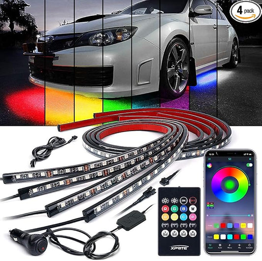 Car Underglow Kit, Xprite 4 Pcs Car Underglow Neon Accent Strip Lights 8 Color 252 LEDs RGB Sound Music Function with APP & Remote Control Underbody Light Strips for SUV Truck w/6FT Extension Wire