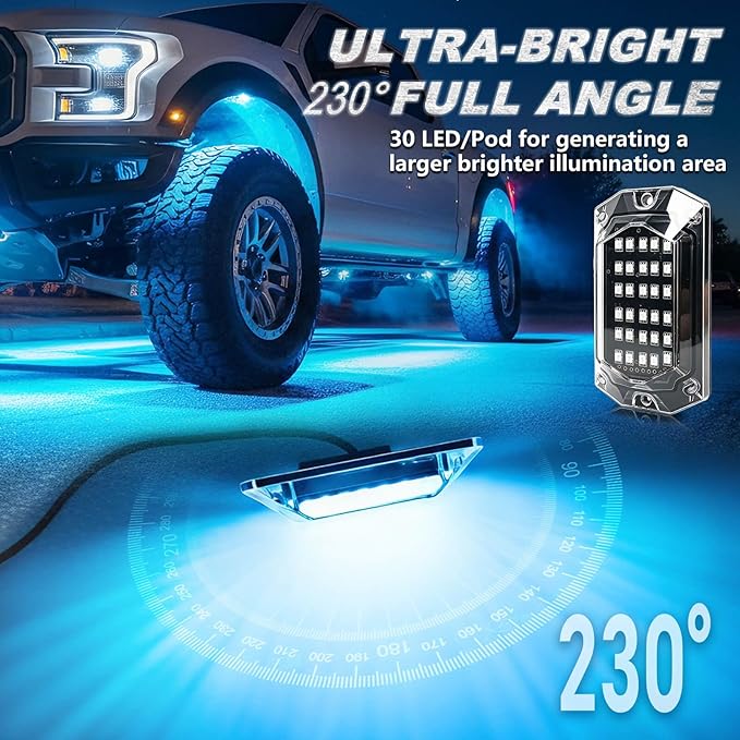 20Pods Full Angle RGB LED Rock Lights Full Kit for Trucks Pickup Dually Truck Off-Road, 600Chip Waterproof Multicolor Underglow Light with APP/RF Remote, Pre Wired 12V Underbody Accent Light Dual Zone