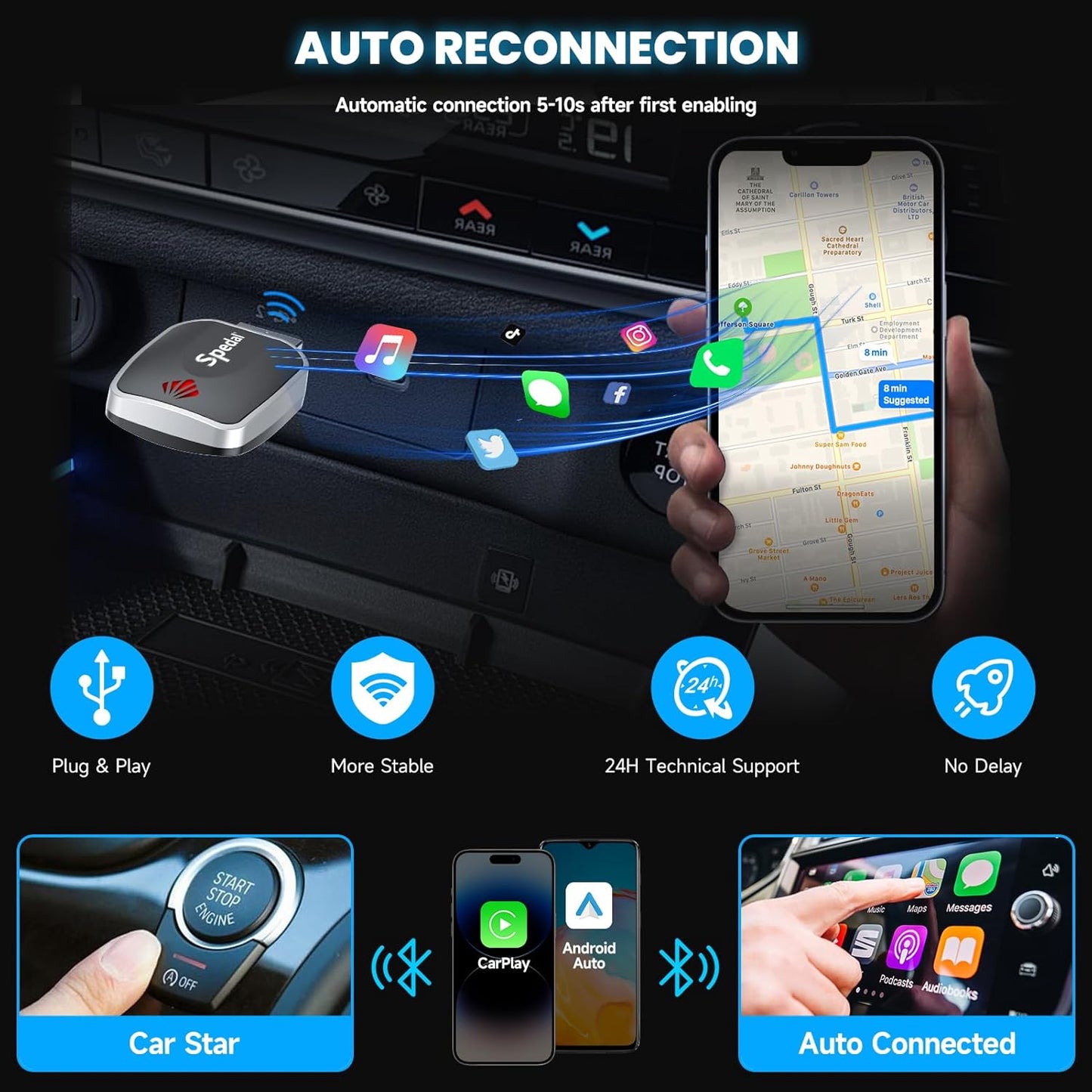 Spedal Wireless CarPlay & Android Auto Adapter, Plug & Play Dongle for iOS 10+/Android 11+, USB-A/C Support (2016+ Cars with Factory Wired Carplay)