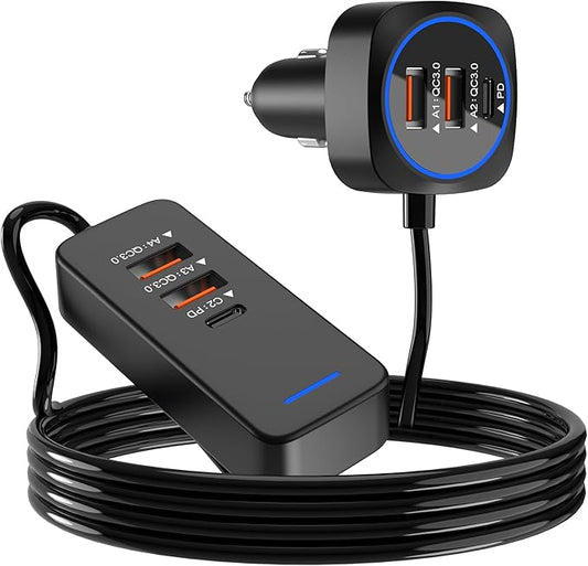 Car USB Charger Multi Port with 5.9FT Extension, QC3.0 76W Fast Charging Cigarette Lighter USB C Charger Adapter Multiple Ports for Mobile Phones and ipad