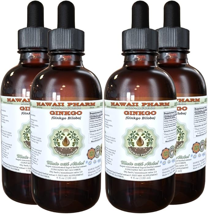 Ginkgo Alcohol-Free Liquid Extract, Organic Ginkgo (Ginkgo Biloba) Dried Leaf Glycerite Hawaii Pharm Natural Herbal Supplement 4x4 oz