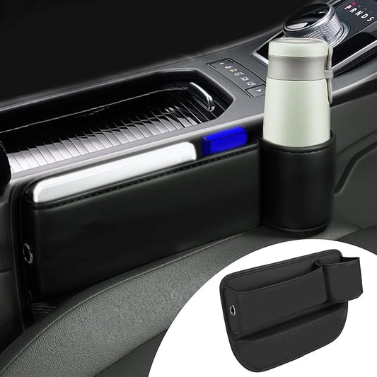 Car Seat Gap Organizer, Multifunctional Car Seat Organizer with Adjustable Cup Holder, Leather Car Seat Gap Storage Box for Holding Phones, Coins, Cards, Keys, Pens (Black)
