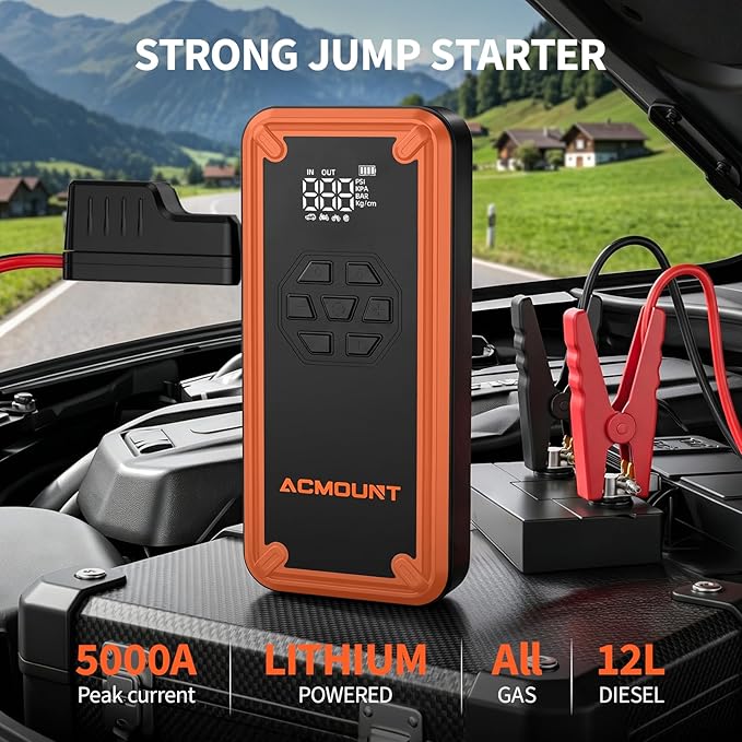 Jump Starter with Air Compressor, Acmount 5000A Car Battery Jump Starter with 150PSI Tire Inflator for Up to 9.0 Gas/8.0L Diesel, 12V Portable Jump Starter Box with LCD Display, Light (Orange&Black)