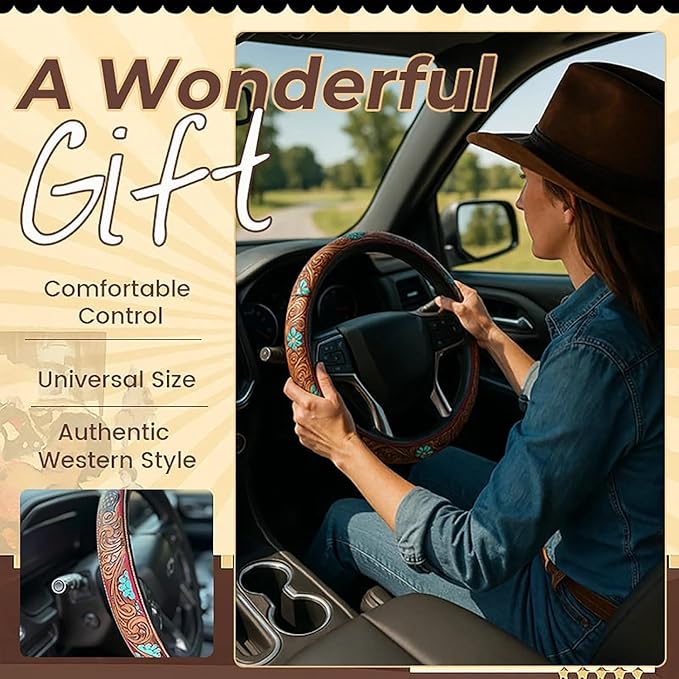 Western Steering Wheel Cover, Color Printed Embossed Hand-Painted Leather Western car Parts, for Women Man, Anti-Slip Design Easy to Install, for Trucks SUVs Cars (Style 3)
