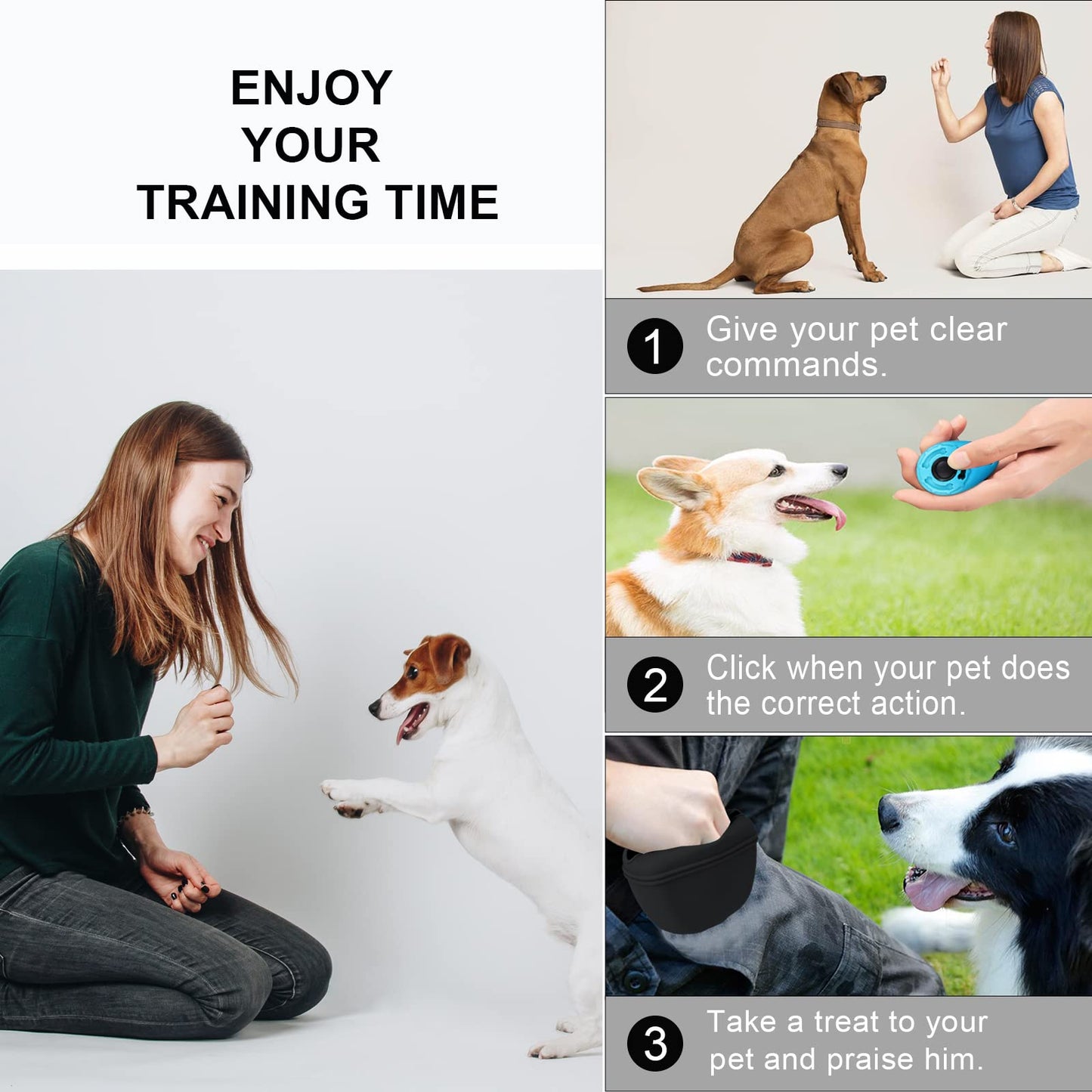 Left&Right Dog Clicker Training Kit,Silicone Dog Training Treat Pouch and Dog Clickers,Dog Treat Bag with Clicker Training for Dogs,Pet Treat Bag with Magnetic Buckle Closing and Waist Clip,Black