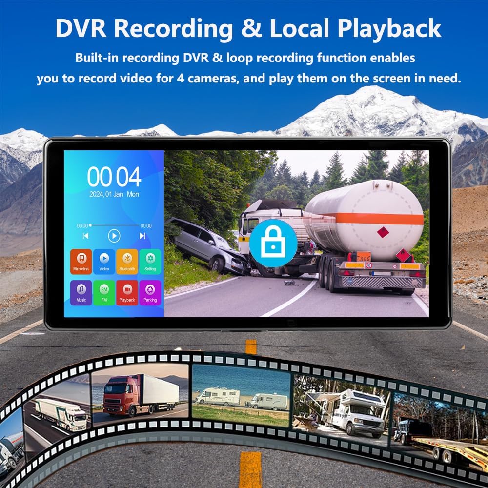 4K RV Backup Camera, 10.36" Touch Screen Monitor for Truck/Van/Trailer DVR Recording with Bluetooth FM MP5 IP69 Waterproof 1080P IR Night Vision Rear Side View Camera