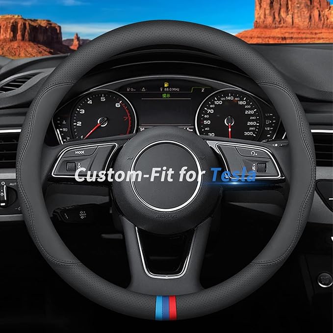 Custom-Fit for Tesla Steering Wheel Cover, Premium Leather Car Steering Wheel Cover with Logo, Non-Slip, Breathable, for Tesla Accessories (D-Style,for Tesla)