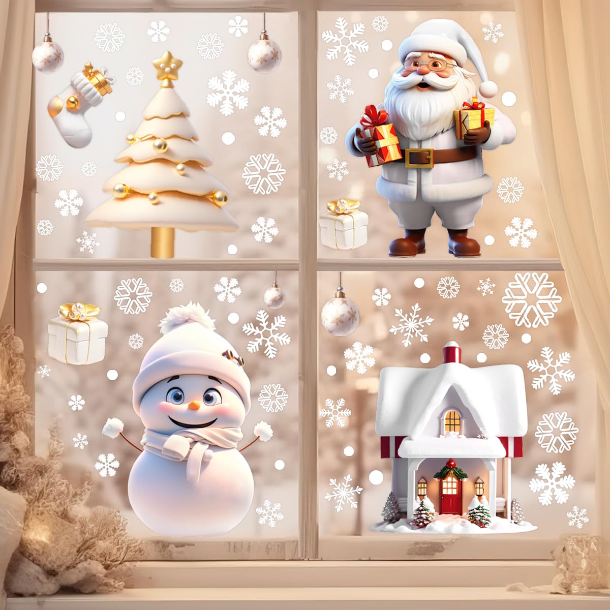 LONGTEN Christmas Windows Static Stickers Clings Santa Claus Snowman Deer Snowflake Removable Vinyl Christmas Tree DIY Wall Window Door Mural Decal Sticker for Showcase