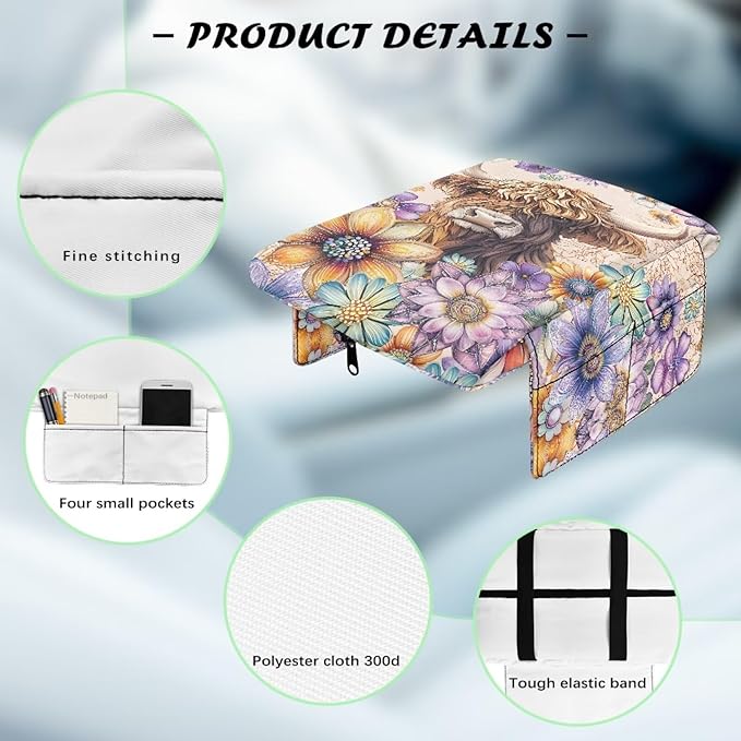 Dreaweet Highland Cow Boho Floral Print Arm Rest Cover for Car Women Thick Center Console Armrest Pad with Pockets Auto Accessories Interior Car Center Console Cushion Pad