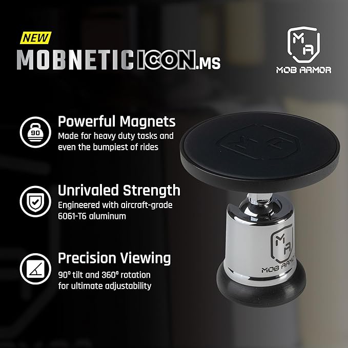 Mob Armor MobNetic Icon.MS MagSafe Compatible Phone Mount, Magnetic Phone Holder for Car w/ 90lb Pull Force, 90º Tilt & 360º Rotation, Aluminum Build, Compatibility for iPhone & Android (Chrome)
