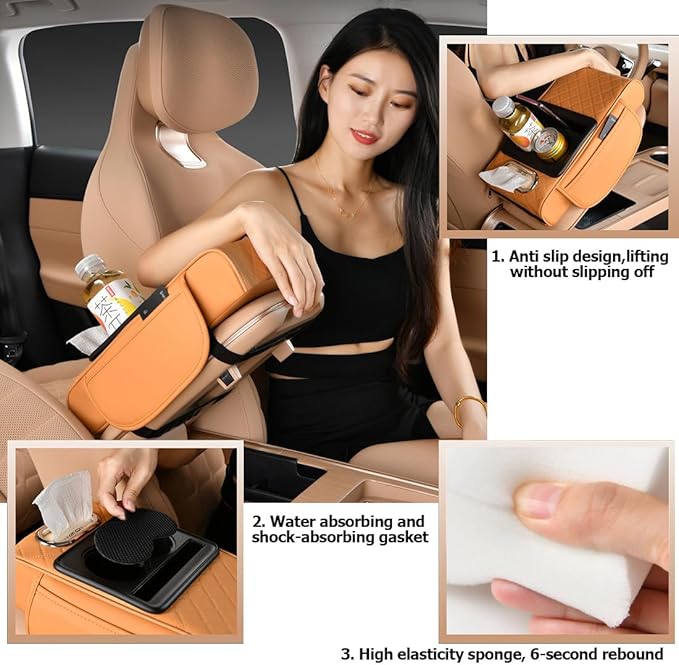 Car Armrest Cushion for SUV with Cup Holder 2.75" Height,5-in-1 Center Console Cover with 2 Storage Bags, Tissue Box Slot, Phone Slot for Sedans, Car Accessories Interior Organizers (Black)