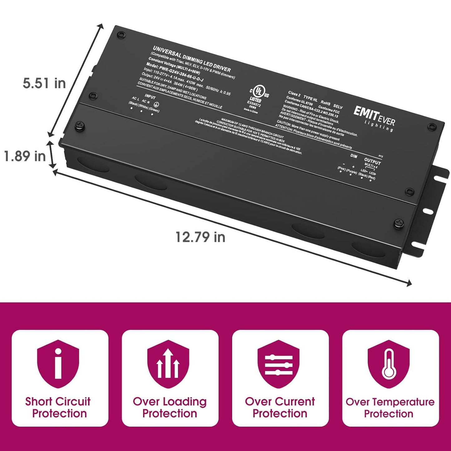 EMITEVER 384W Dimmable LED Driver, 24V 5-in-1 Dimmable Power Supply,4-Channels AC to DC Transformer for LED Light, Compatible with Lutron and Leviton Dimmer, Waterproof IP67 and UL Listed, Class 2