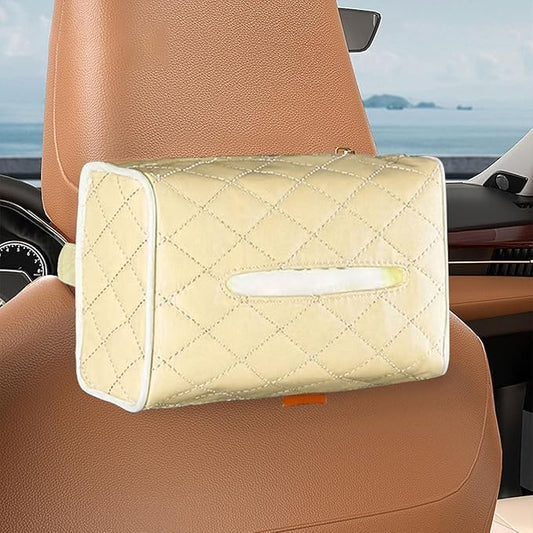 Car Tissue Holder, Soft PU Leather Auto Backseat Napkin Holder, Rectangle Hanging Tissue Box for 100-150 Standard Tissues, Universal Car Interior Storage & Organization Accessories (Beige)