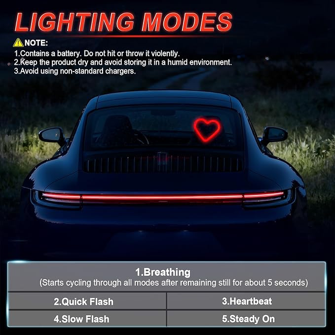 iFunyLED Car LED Interior Lights, Heart-Shaped Ambient Light for Windows, 5 Lighting Modes, Charging Through Type-c and Solar Energy, Car Decorations for Women Men, Pack of 1, (Red)