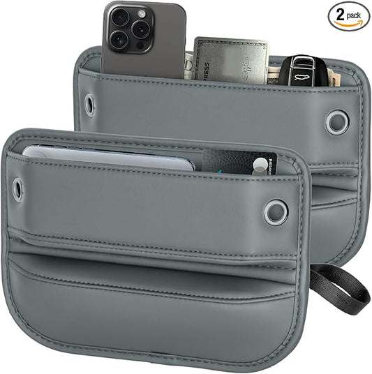 2-Pack Car Seat Gap Filler Organizer - Upgraded Anti-Slip Strap Design - Premium Leather Side Console Pocket - Prevent Phone Falling - Universal Fit Car Essentials for SUV, Truck & Sedan, Grey