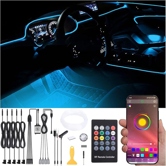 6 m Optic Fiber Car Ambient Lighting Kit Bluetooth App Control + RF Remote Control 64 Colors Multicoloured Music Interior Footwell Lighting Kit 12V 1W