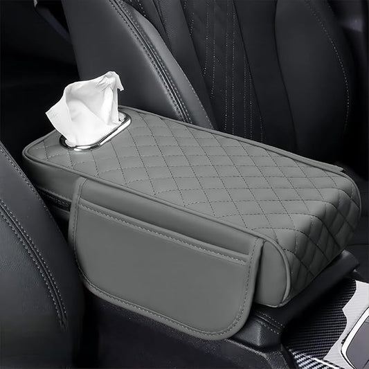 Car Center Console Cover for Toyota Highlander 3.Generation 2013-2020, Leather Car Arm Rest Cover, Car Armrest Cushion with 2 Storage Bags Car Center Console Armrest Pad, E Gray