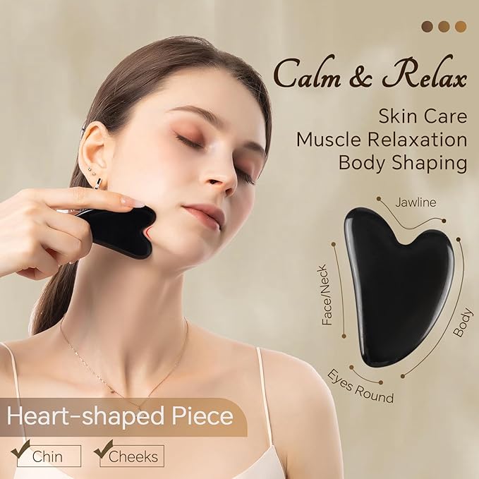Natural Jade & Obsidian Gua Sha Set of 4 - Premium Face Sculpting Tools Eyes Roller Massager Jade Roller for Jawline, Double Chin Reduction & Lymphatic Drainage Women's Anti-Aging Skincare Kit