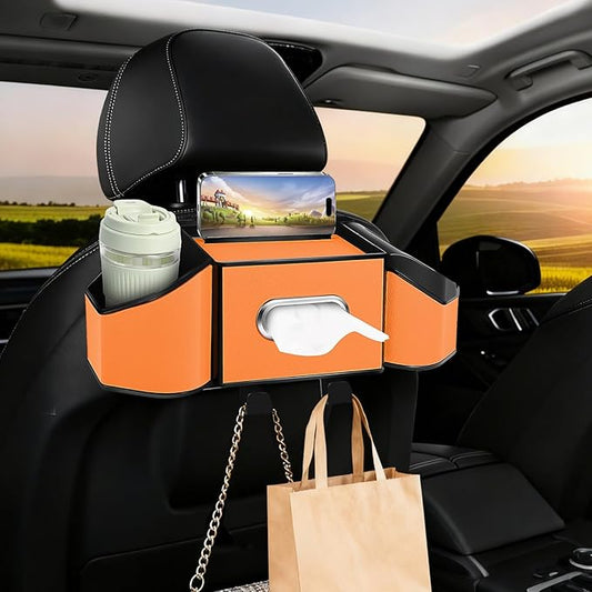 7-In-1 Car Seat Back Organizer with Cup Holders, Tissue Box, Garbage Can&Hooks, Multifunctional Headrest Storage Organizer, Headrest Cup Holder for Backseat, Car Accessories for Trips, Travels(Orange)