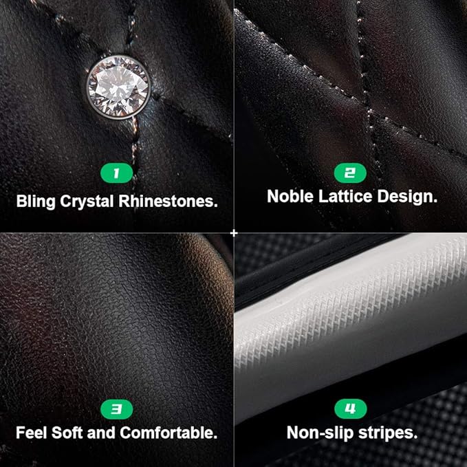 Xizopucy Black White Steering Wheel Cover, Anti-Slip Steering Wheel Protector with Crystal Rhinestones, Car Steering Wheel Cover for Women and Girl Fit 14.5-15 inch