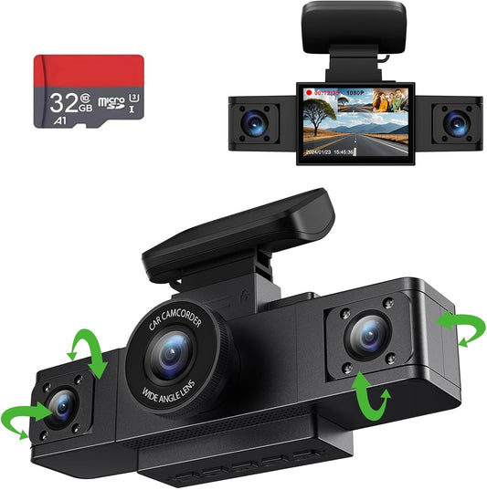 3 Channel 1080P Dash Cam Front and Inside Left/Right, Free 32G Card, Dash Camera Loop Recording, Triple Camera for Cars 24 Hours/7 Parking Monitor, Wide Angle, IR Night Vision, with G-Sensor, Black