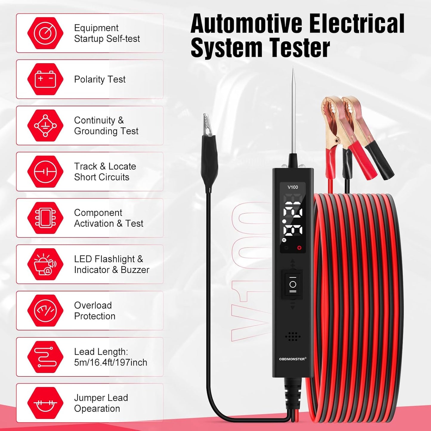Power Circuit Probe Tester,OBDMONSTER V100 Circuit Tester, 0-80V DC Test Light Automotive Short Circuit Finder, Auto Electrical Circuit Tester, Car Fuse Tester, Automotive Tool