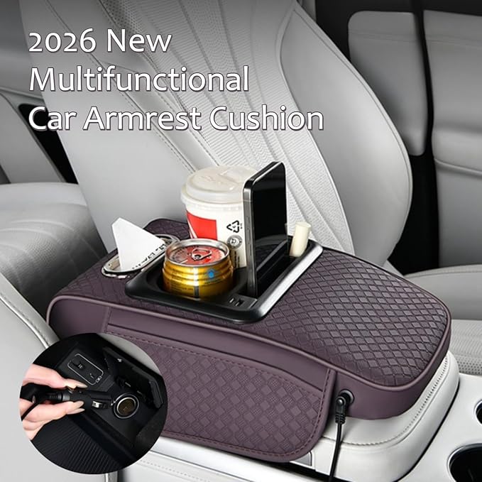 2026 Upgraded Car Center Console Cushion with 30w USB& Type-C Charging Ports, Leather Car Armrest Pad Cover, Interior Accessories for Most Vehicles (Classic Flat Version, Beige)