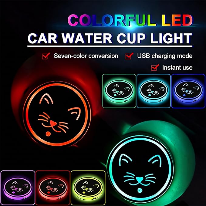 Ladybug LED Cup Holder Lights for Car,2Pcs LED Light Up Cup Holder Coasters with USB Charging 7 Colors 3 Modes,Waterproof Interior Atmosphere Lamp,Car Decor Accessories Ladybug Gifts for Women Men