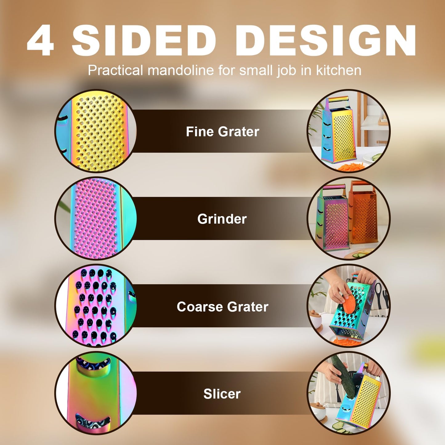 Rainbow Cheese Grater Handheld Grater for Kitchen, Stainless Steel 4 Sided Cheese Grater with Handle for Grinding Shredding & Slicing, Dishwasher Safe