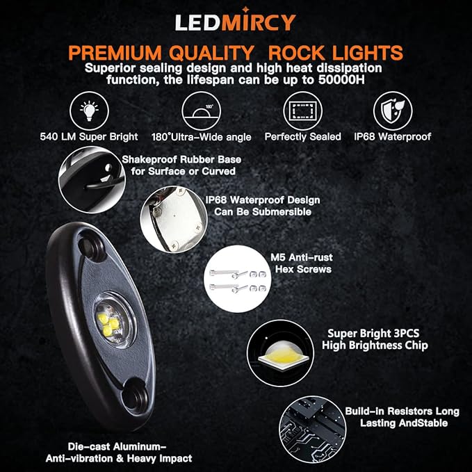 LEDMIRCY LED Rock Lights White 2PCS for Off Road Truck Auto Car Boat ATV SUV RZR Waterproof High Power Neon Trail Rig Lights Shockproof(Pack of 2,White)