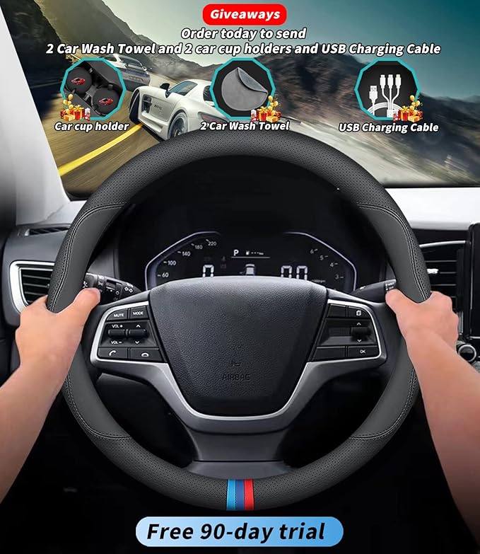 Custom-Fit for Steering Wheel Cover, Premium Leather Car Steering Wheel Cover with Logo, Non-Slip, Breathable, for Accessories (D-Style,)