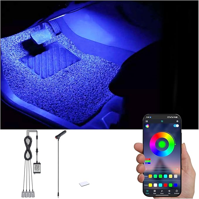 RGB Car Footwell Ambient Lighting Kit 16.7 Millions Colors Sound Active Music Sync APP Control Cigarette Lighter Car Interior Multicolored Footwell Atmosphere Light DC 12V