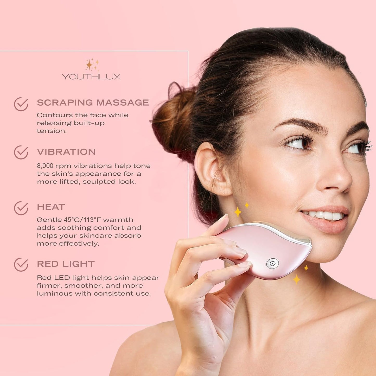 ProSculpt Heated Gua Sha Facial Massager – Electric Guasha Tool for Face Sculpting, Relaxation & Skincare | Soothing Vibration Facial Massage Tool with Contoured Design (Rose Gold)