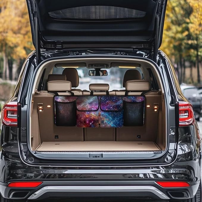 Galaxy Trunk Hanging Organizer, Backseat Bag, Car Interior Accessories with 2 Pockets & 2 Mesh Pouches for Groceries Storage Trunk Space for SUV, Jeep, MPVs