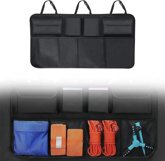 Car Trunk Organizer, Backseat Hanging Trunk Organizers and Storage, Waterproof Collapsible Cargo Storage Bag with 4 Pockets & 4 Mesh Pouches, Car Interior Accessories for SUV, Truck (Black)
