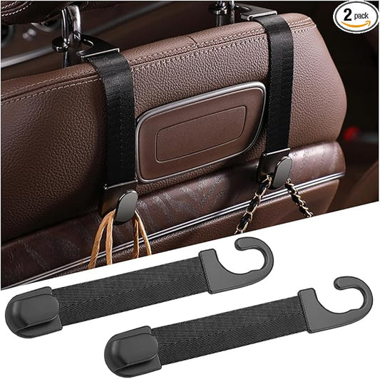 Car Headrest Hooks, 2PCS Vehicle Back Seat Storage Organizer Hanging Holder for Purse Bags Grocery, Adjustable Automotive Interior Hanger Accessories, Universal Fit (Black)