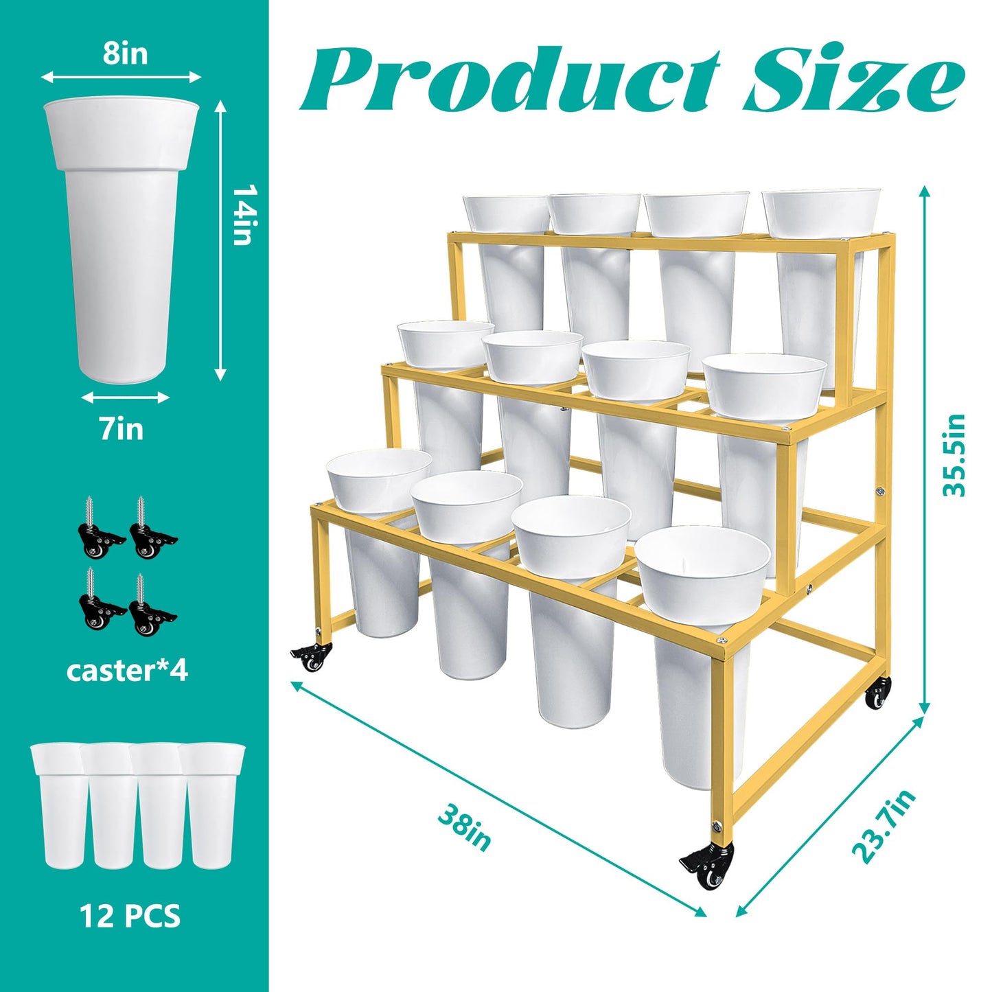 PROLEE Flower Stand with 12 Buckets, Flower Display Stand with Wheels, Flower Cart, Moving Florist Bouquet Shelf, Rectangular, Gold