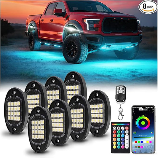 8 Pods RGBW LED Rock Lights for Jeeps Truck Off Road ATV UTV Golf Cart RZR SXS, Waterproof Multicolor Neon Underglow Kit with APP/RF Remote Control&Brake Red Function,12V Pure White Underbody Lights