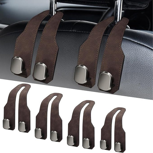 Car Seat Headrest Hooks for Purses and Bags, 4 Pack Bag Purse Holder for Car with Double Metal Hooks, Car Purse Hanger, Headrest Back Seat Handbags Hook Cute Hanging Accessories, Brown