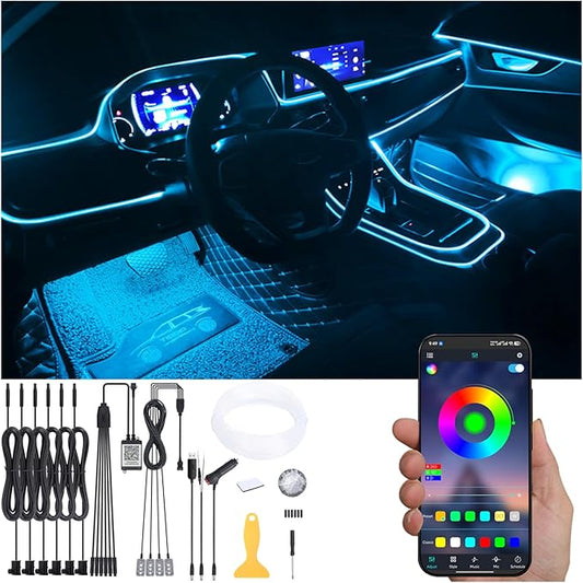 Car Atmosphere Light Kit 8m Fiber Optic RGB Multicolor Sound Active Music Sync Memory Function Bluetooth APP Control 64 Colors USB Car Interior Footwell Ambient Lighting Kit DC 12V